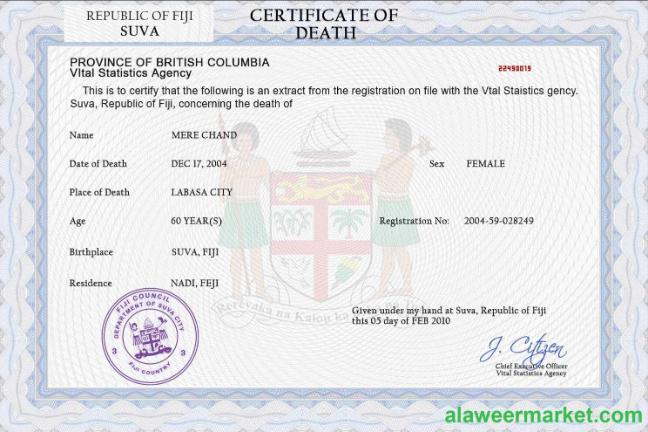 Fiji death certificate PSD template